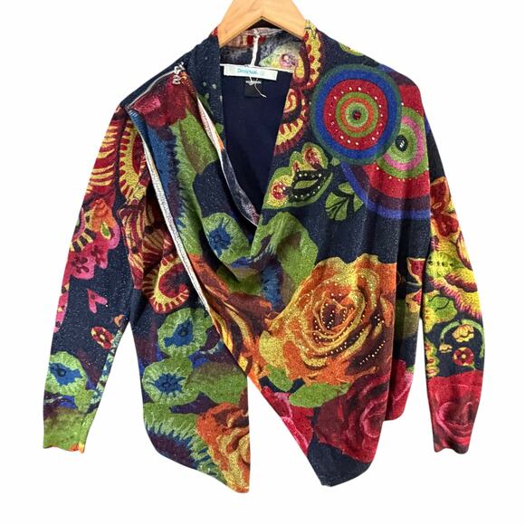 Desigual Beni Cardigan Sweater Women M Multicolor Floral Asymmetrical Boho Artsy - Picture 7 of 15